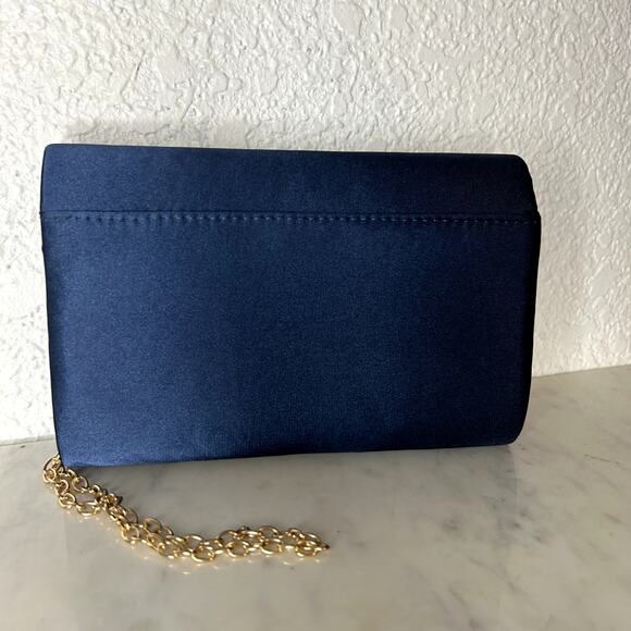 Jessica McClintock Navy Satin Evening Bag Womens NWT Rhinestone Pearl Chain - Picture 6 of 8